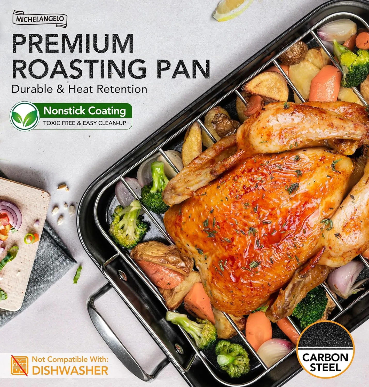 MICHELANGELO Roasting Pan with Rack, Carbon Steel Turkey Roasting Pan for Oven and Induction, Nonstick Turkey Roaster Pan with Stainless Steel Rack, 15 Inch x 11 Inch