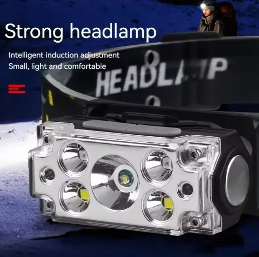 Mini 5-Core Headlamp Motion Sensor Endurance 8-24 hours Headlight USB Rechargerable Flashlight Head Lamp 6 Gear Light