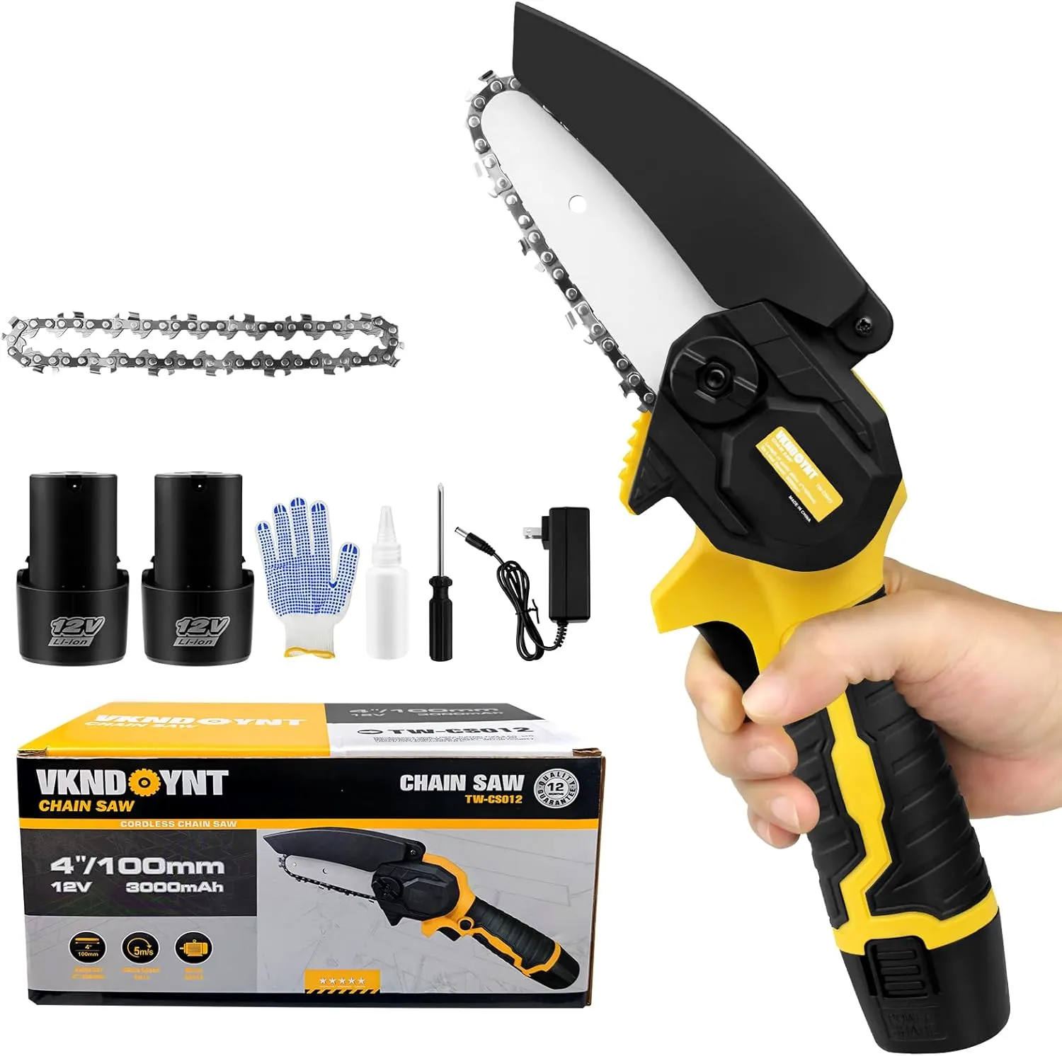 Mini Chainsaw, 4 Inch Small Chainsaw with 2 * 3000mAh Batteries & 2 Chains, 2 lbs Lightweight, Cordless Hand Electric Chain Saw for Garden Pruning, Woodworking DIY, Home Repairs