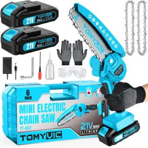 Mini Chainsaw 6-Inch Battery Powered - Best Cordless Small Handheld Chain Saw with 2 Rechargeable Batteries - 21V Power Chain Saws Battery Operated for Tree Trimming Wood Cutting