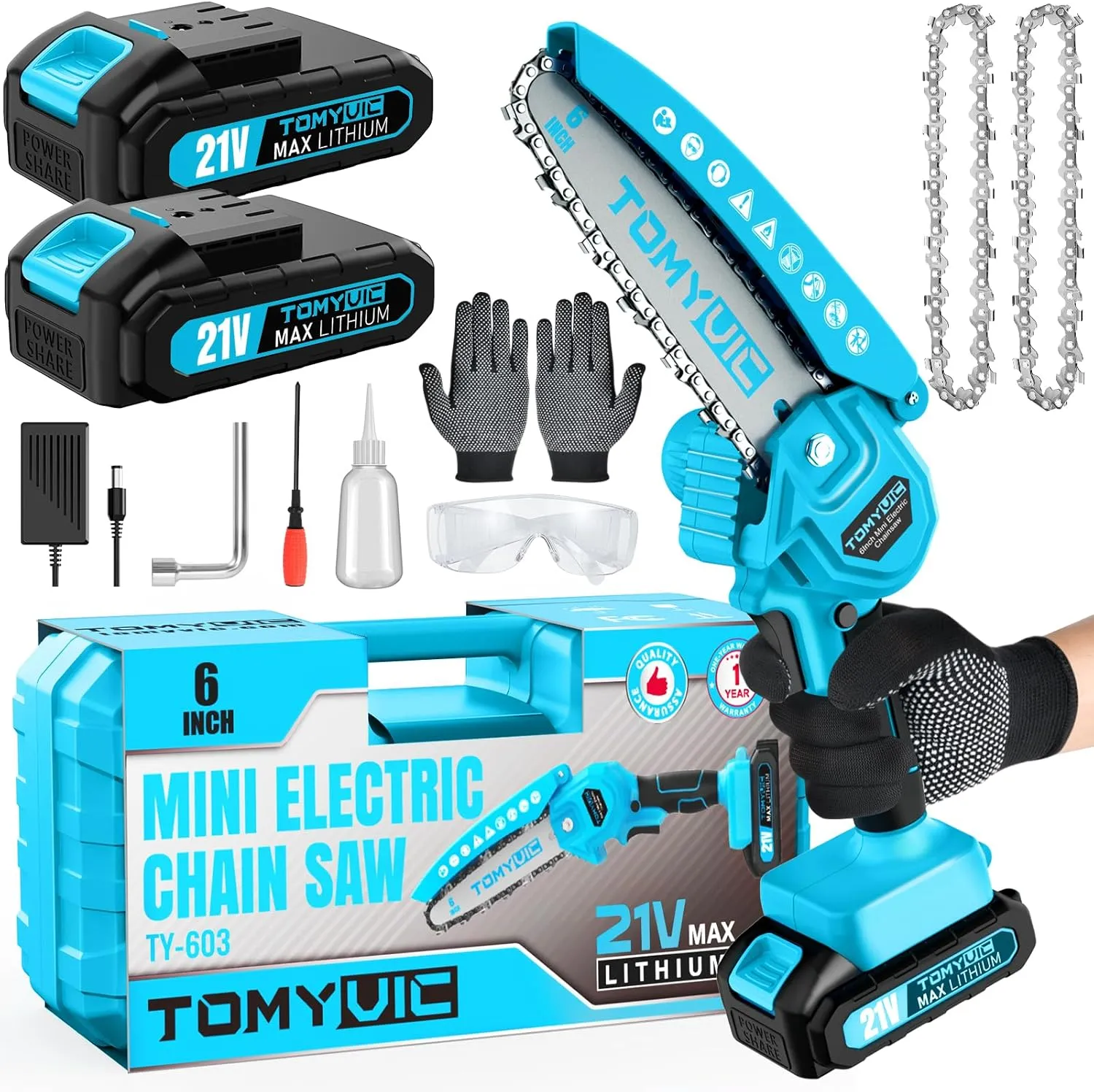 Mini Chainsaw 6-Inch Battery Powered - Best Cordless Small Handheld Chain Saw with 2 Rechargeable Batteries - 21V Power Chain Saws Battery Operated for Tree Trimming Wood Cutting