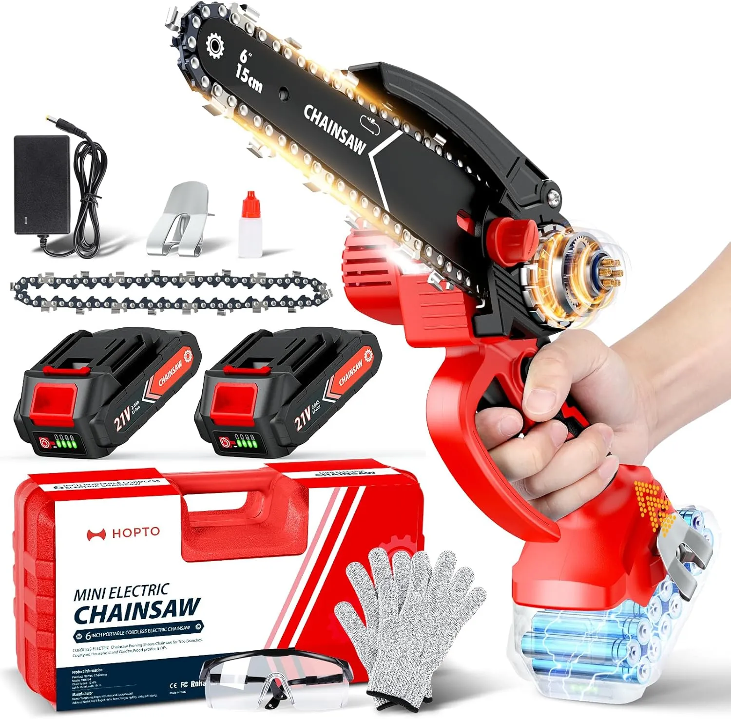 Mini Chainsaw, 6-Inch Chain saw with 2 Pack 2000mAh Batteries, Portable Handheld Chainsaw, Mini Chainsaw Cordless for Wood Cutting Tree Trimming DIY Projects Gardening Camping - Red
