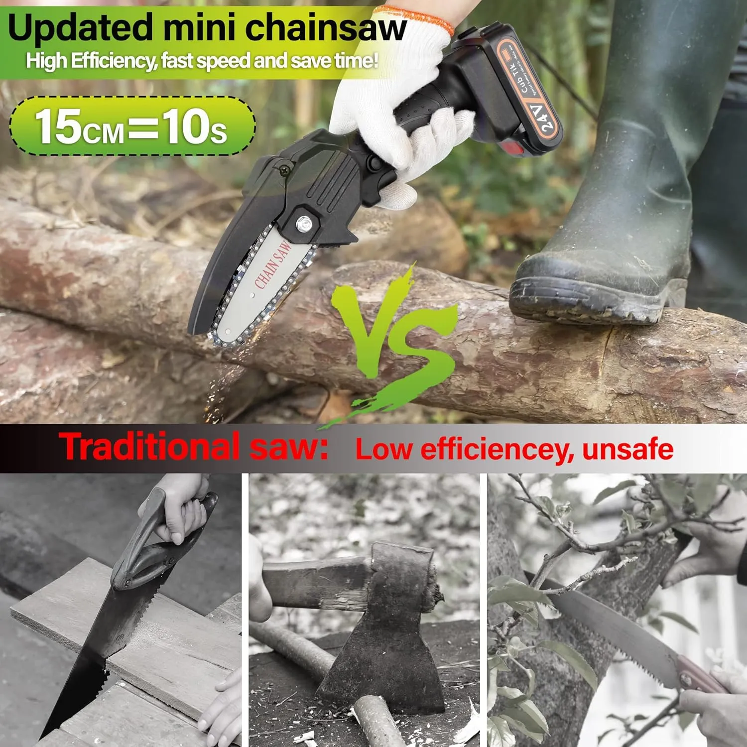 Mini Chainsaw Cordless 4 Inch Battery Powered Electric Chainsaw with 2 Batteres and Chain Portable Handheld Small Chainsaw One Hand Pruning Chain Saw (Black)