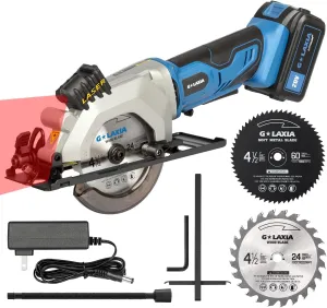 Mini Circular Saw, 4-1/2" 3400RPM Compact Cordless Circular Saw with 4.0A Battery, Laser Guide, Rip Guide, Mini Table Saw with 2Pcs Blades for Wood, Soft Metal and Plastic Cuts
