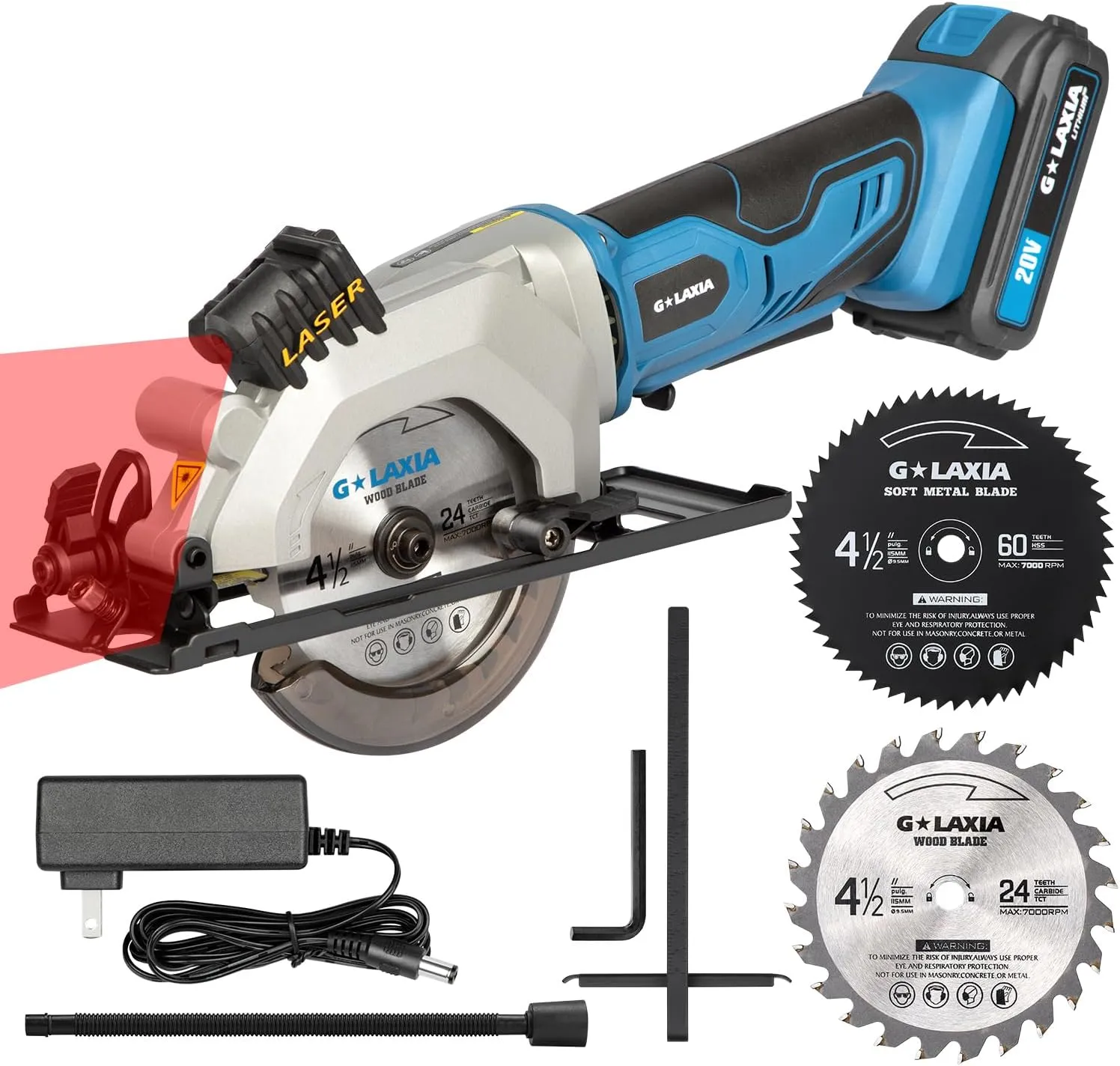 Mini Circular Saw, 4-1/2"" 3400RPM Cordless Circular Saw with Laser Guide, Rip Guide, Compact Hand Saw with 2Pcs blades（24T 60T), Max Cutting Depth 1-11/16""(90°), 1-1/8""(45°), Blue