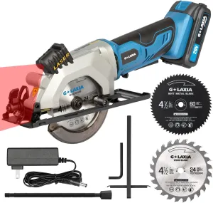 Mini Circular Saw, 4-1/2"" 3400RPM Cordless Circular Saw with Laser Guide, Rip Guide, Compact Hand Saw with 2Pcs blades（24T 60T), Max Cutting Depth 1-11/16""(90°), 1-1/8""(45°), Blue