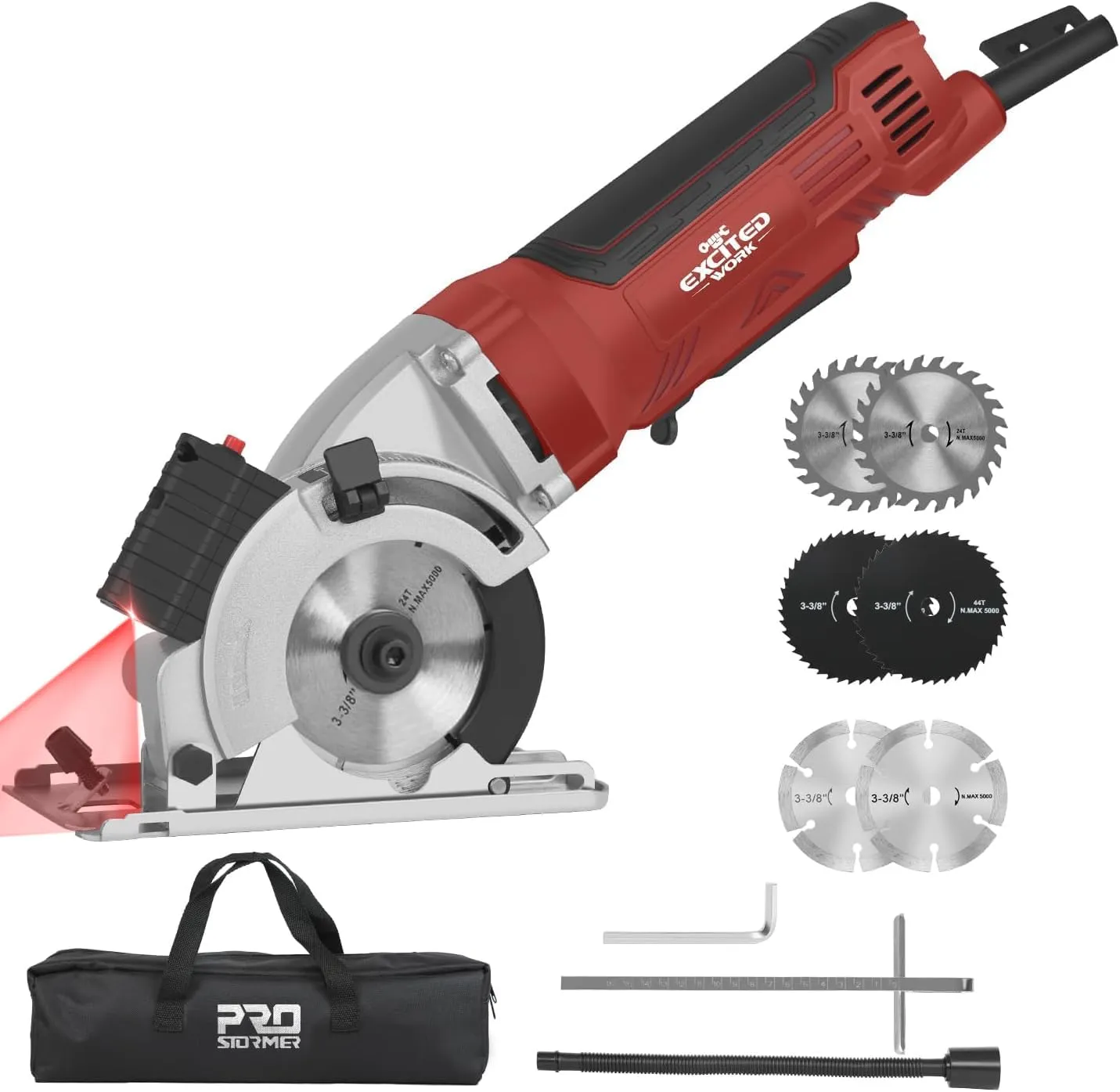 Mini Circular Saw, Excited Work 4.5Amp Compact Circular Saw, 5000RPM, 6 Blades (3-3/8”), Max Cutting Depth 1-11/16” with Laser Guide, Scale Ruler, for Wood, Soft Metal, Tile and Plastic Cuts