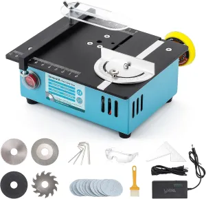 Mini Table Saw, 96W Dual Motor Control 4 Blades Set Cut Thickness 12MM 0-90° Adjust Small Table Saw for Hobby DIY Model Wood Cutting