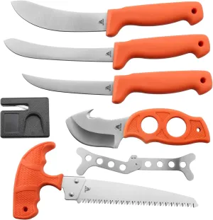 MIYAKE Elk, Buck & Deer Hunting Knife Set Field Dressing Kit Portable Outdoor Butcher Game Processing Gear Accessories | Bone Saw, Butcher Knife, Gut Hook Skinner, Ribcage Spreader, Sharpener (9 PC Orange)