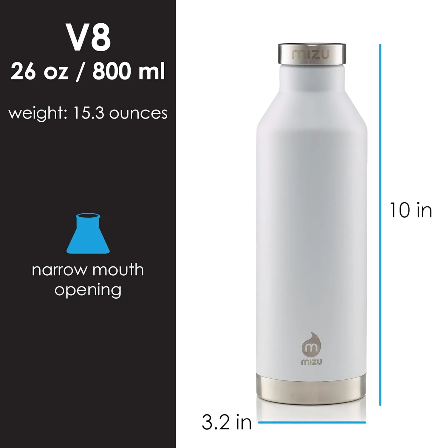 Mizu - V8 Water Bottle | 26 oz. Double Wall Stainless Steel Vacuum Insulated | Narrow Mouth with Leak Proof Cap | Multiple Colors | BPA Free