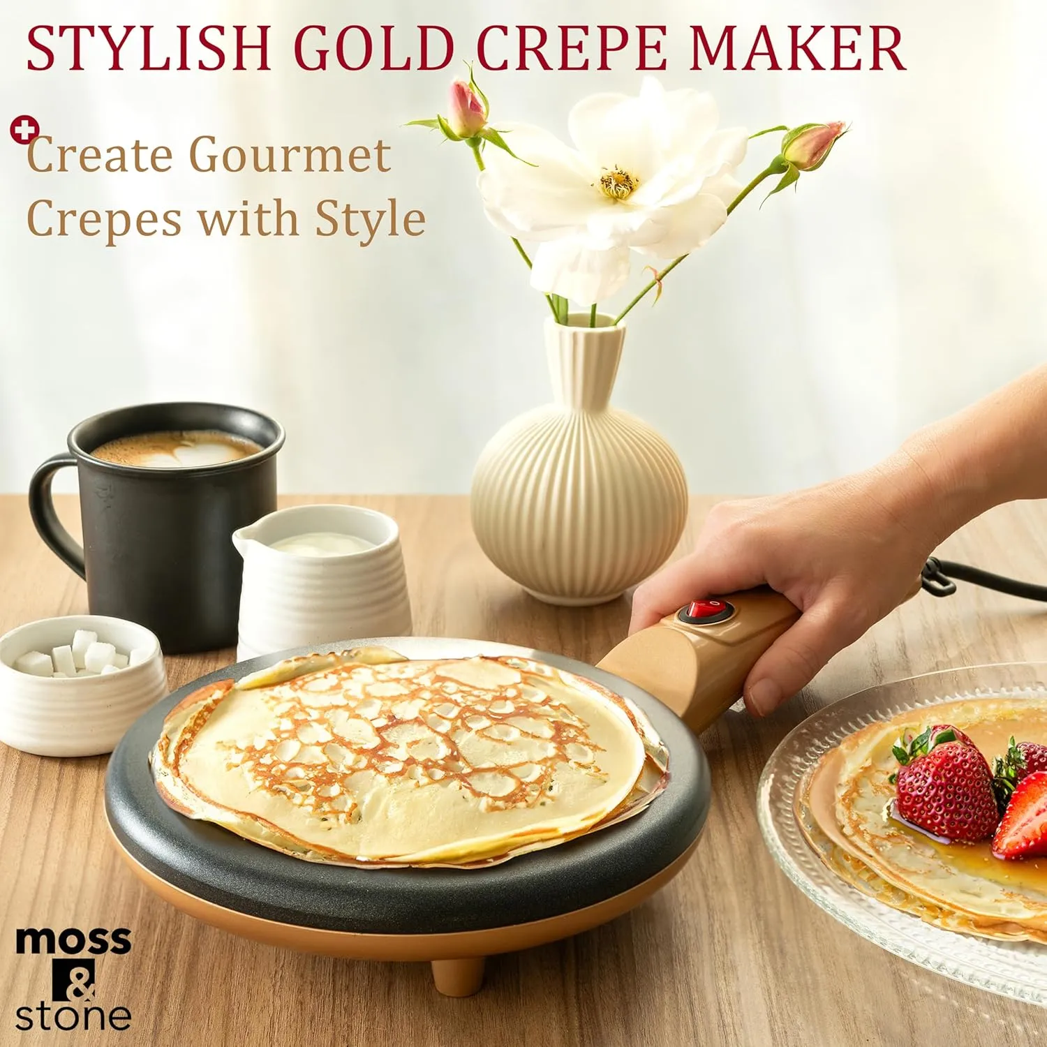 Moss & Stone Gold Electric Crepe Maker 8 Inch, Pan Apo Portable Crepe Maker & Hot Plate Cooktop On/Off Switch, Nonstick Coating, Automatic Temperature Control, Easy To Use For Pancakes, Blintz