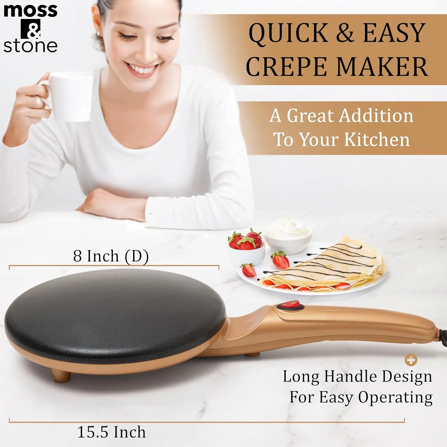 Moss & Stone Gold Electric Crepe Maker 8 Inch, Pan Apo Portable Crepe Maker & Hot Plate Cooktop On/Off Switch, Nonstick Coating, Automatic Temperature Control, Easy To Use For Pancakes, Blintz