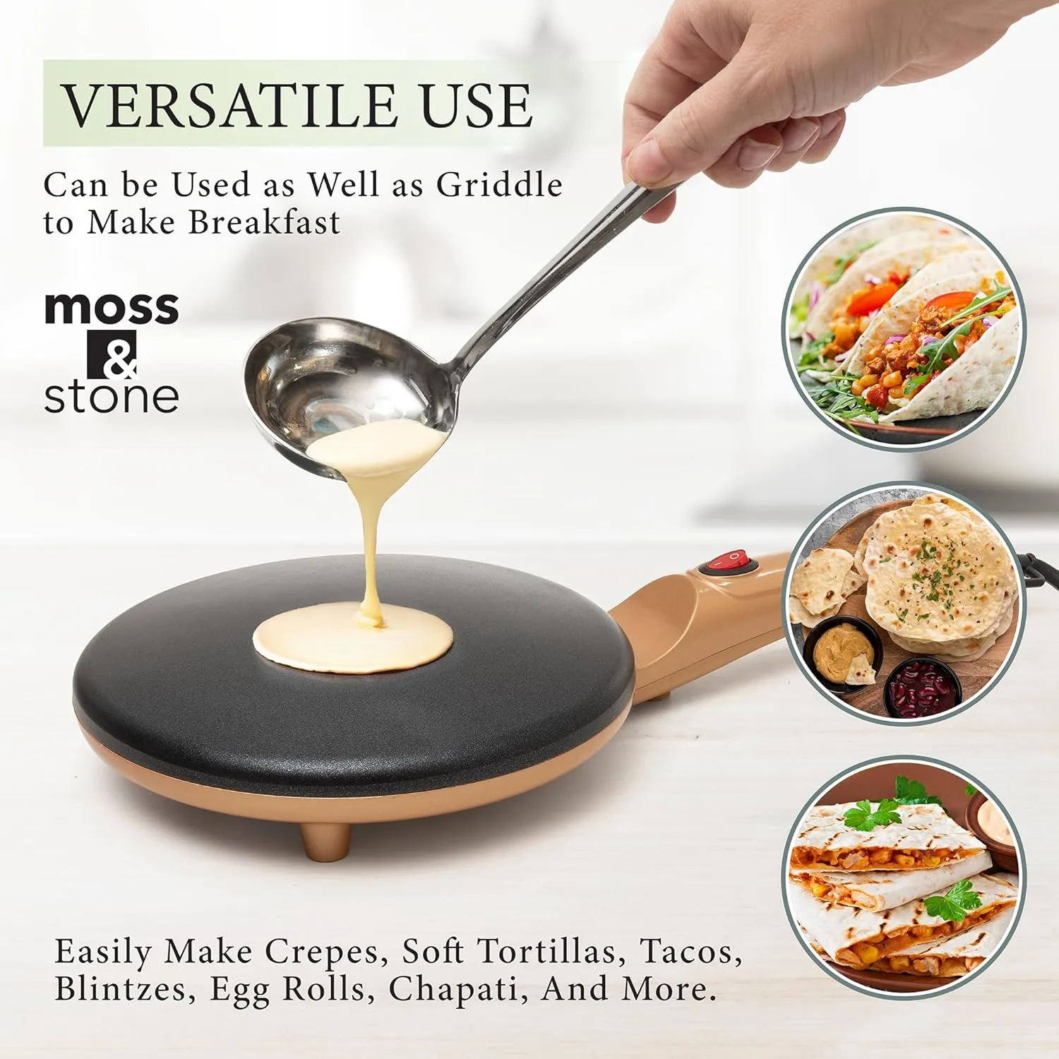 Moss & Stone Gold Electric Crepe Maker 8 Inch, Pan Apo Portable Crepe Maker & Hot Plate Cooktop On/Off Switch, Nonstick Coating, Automatic Temperature Control, Easy To Use For Pancakes, Blintz