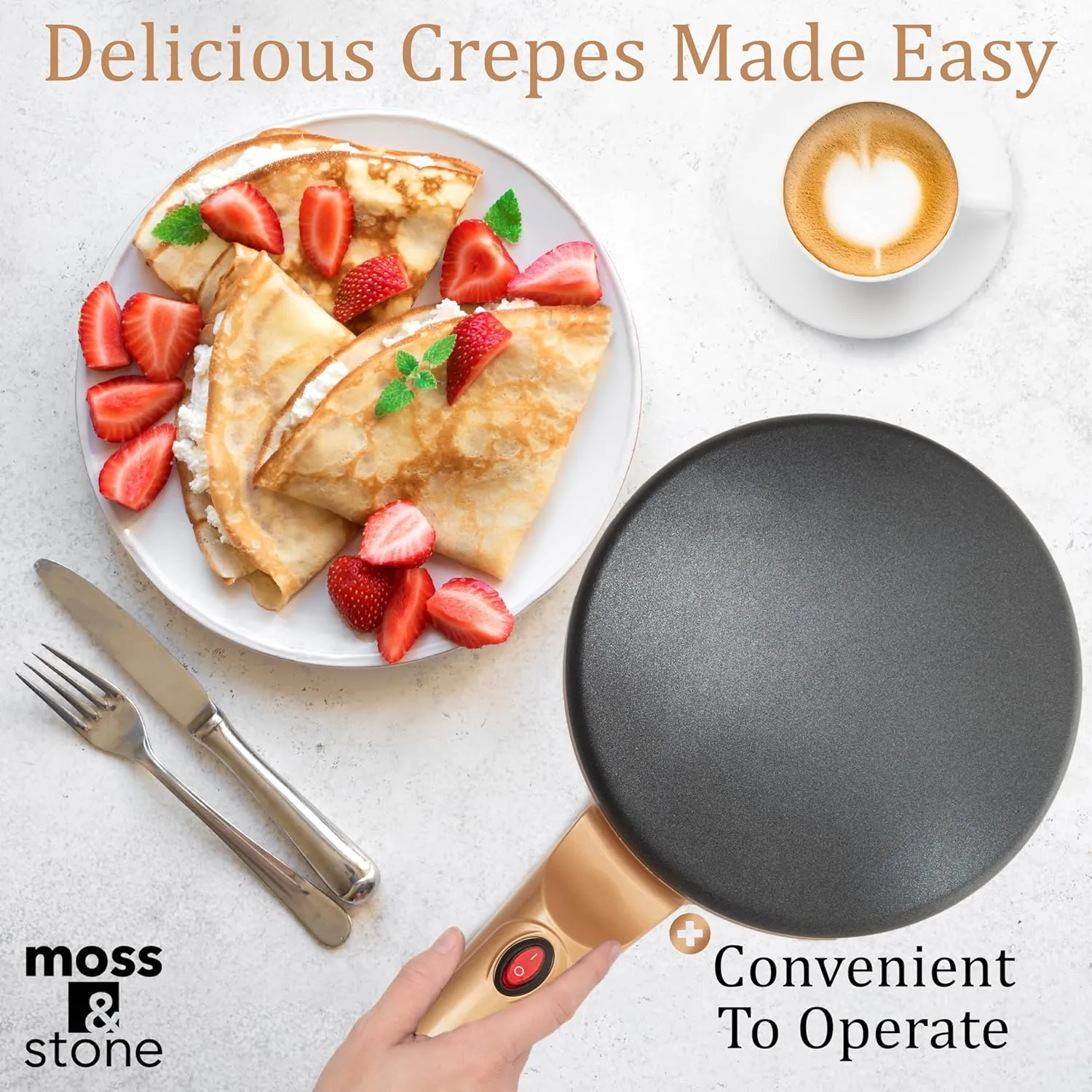 Moss & Stone Gold Electric Crepe Maker 8 Inch, Pan Apo Portable Crepe Maker & Hot Plate Cooktop On/Off Switch, Nonstick Coating, Automatic Temperature Control, Easy To Use For Pancakes, Blintz