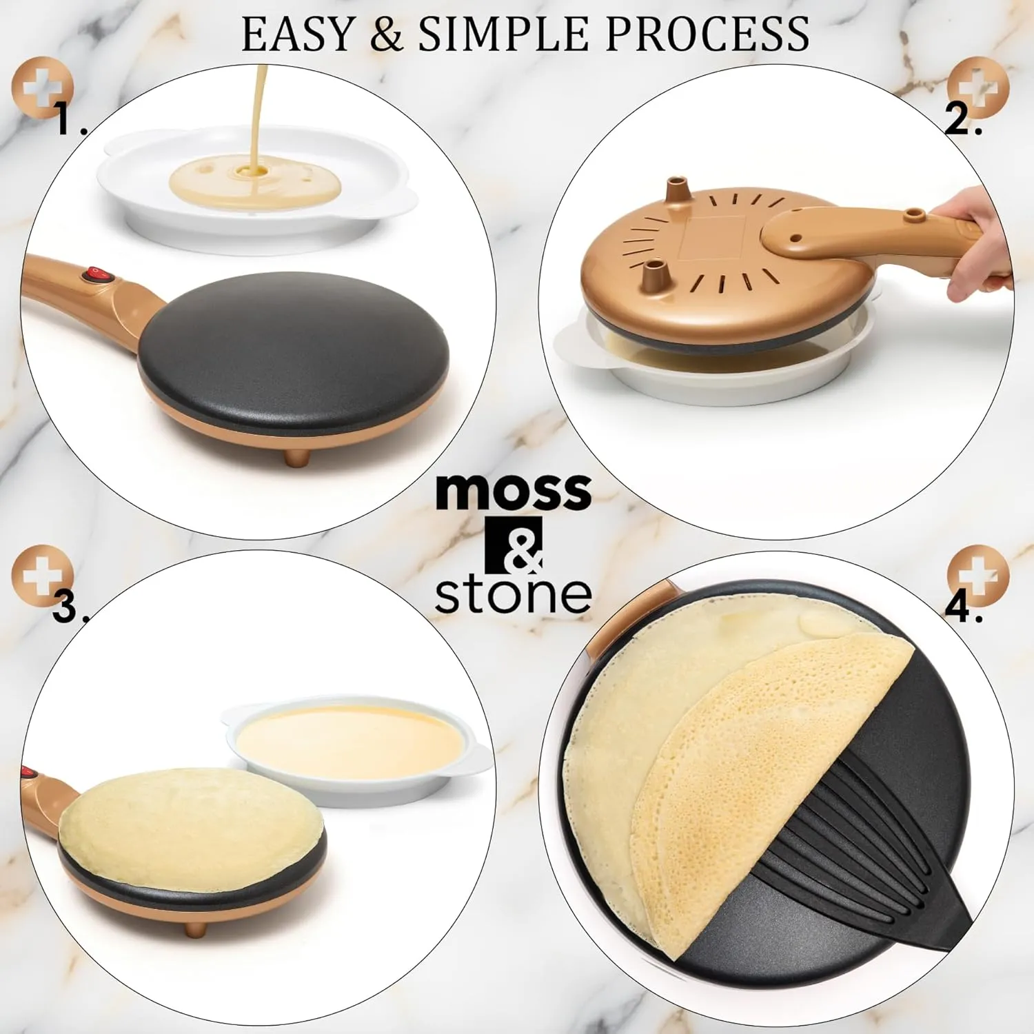 Moss & Stone Gold Electric Crepe Maker 8 Inch, Pan Apo Portable Crepe Maker & Hot Plate Cooktop On/Off Switch, Nonstick Coating, Automatic Temperature Control, Easy To Use For Pancakes, Blintz