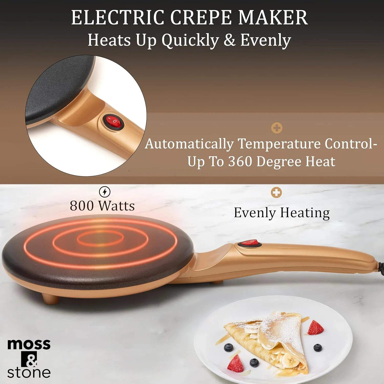 Moss & Stone Gold Electric Crepe Maker 8 Inch, Pan Apo Portable Crepe Maker & Hot Plate Cooktop On/Off Switch, Nonstick Coating, Automatic Temperature Control, Easy To Use For Pancakes, Blintz