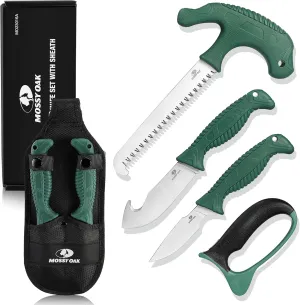 MOSSY OAK Field Dressing Kit, 4 Pcs Hunting Knife Set with Portable Sheath, Gut-Hook Skinner, Caping Knife, Wood/Bone Saw, Knife Sharpener, for Deer Hunting, Camping, Perfect Hunting Gifts for Men