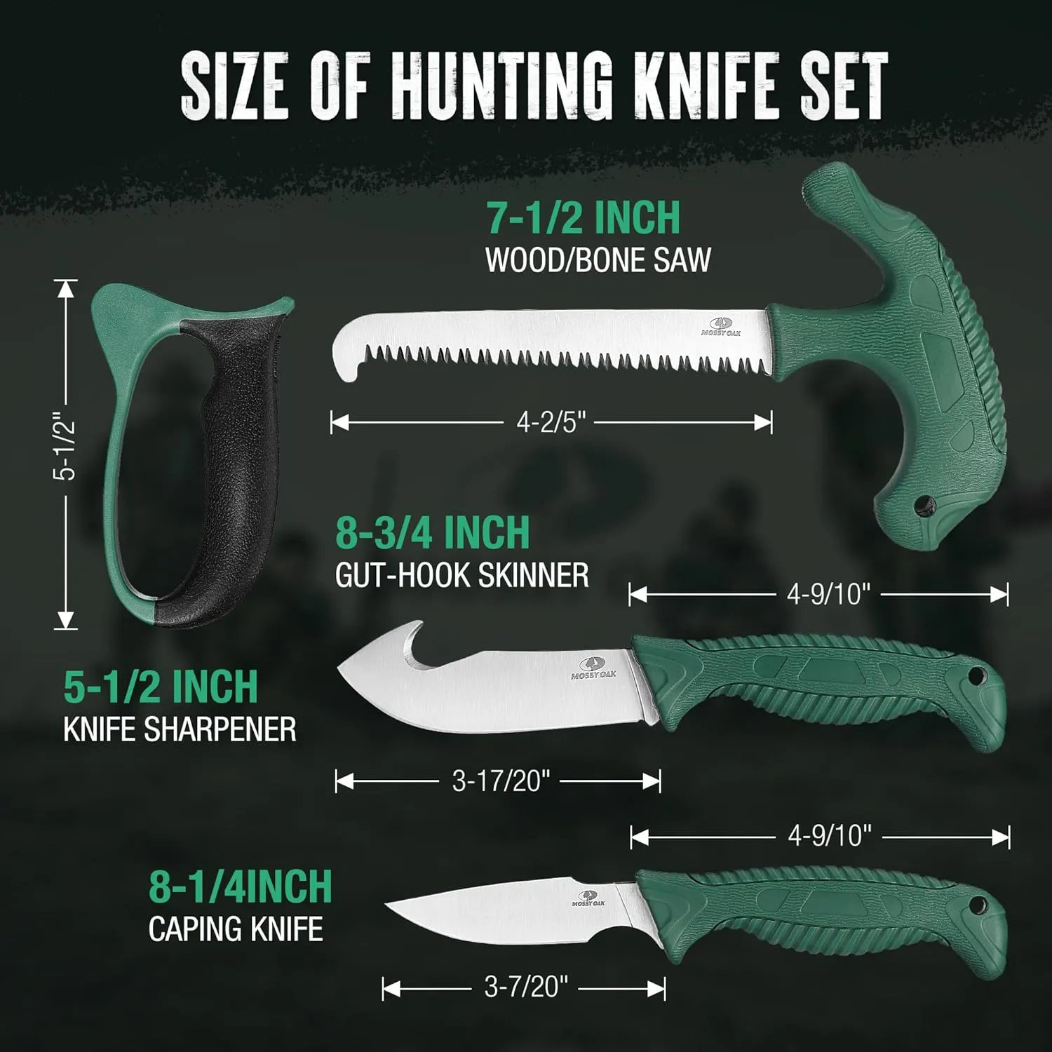 MOSSY OAK Field Dressing Kit, 4 Pcs Hunting Knife Set with Portable Sheath, Gut-Hook Skinner, Caping Knife, Wood/Bone Saw, Knife Sharpener, for Deer Hunting, Camping, Perfect Hunting Gifts for Men
