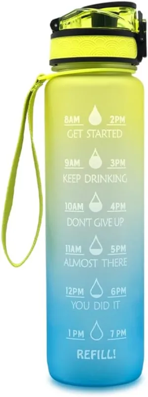 Motivational Water Bottle, Large capacity 32oz/1L, BPA-Free, Push Button Open, Removable Strainer, Easy Carry Handle (Yellow Blue Gradient)-FBA