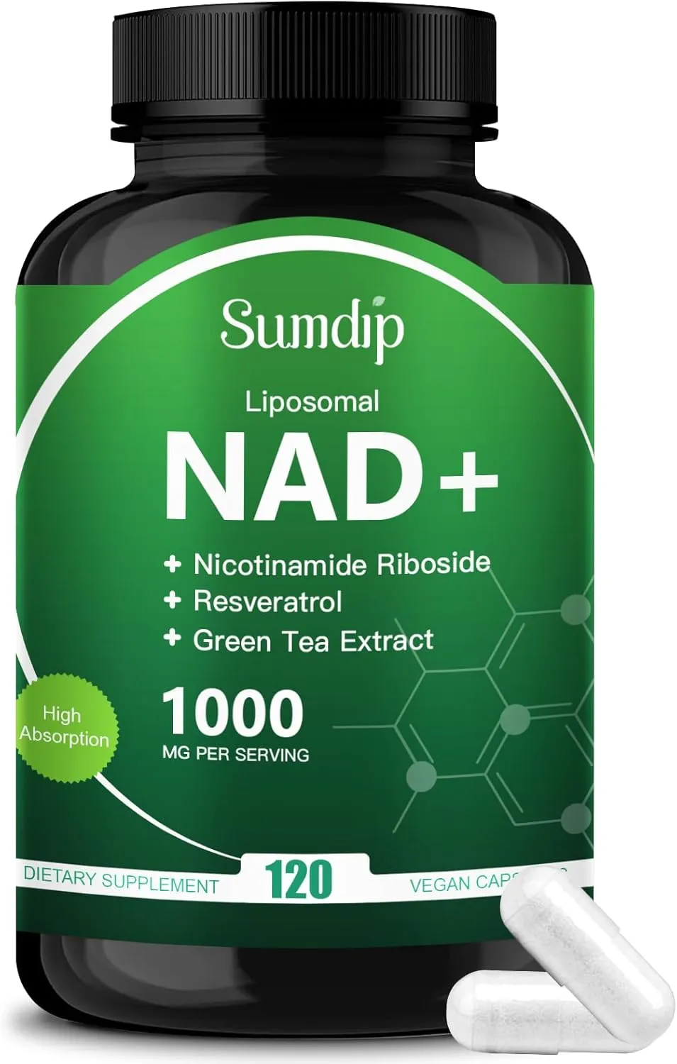 NAD Supplement 1000mg Pure - Liposomal NAD  Supplement with Nicotinamide Riboside, Resveratrol,Green Tea Extract - Energy Supplements for Men & Women - NAD Plus - 120 Capsules