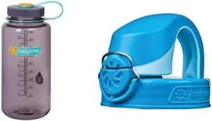 Nalgene Sustain Tritan BPA-Free Water Bottle Made with Material Derived from 50% Plastic Waste, 32 OZ, Wide Mouth, Aubergine & OTF Bottle Lid (Blue/Blue)