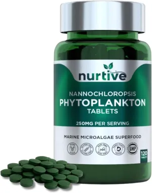 Nannochloropsis Phytoplankton Tablets – 250mg per Serving – Vegan, Gluten-Free, Non-GMO, No Fillers or Preservatives – Third-Party Tested, GMP Certified – 120 Tablets