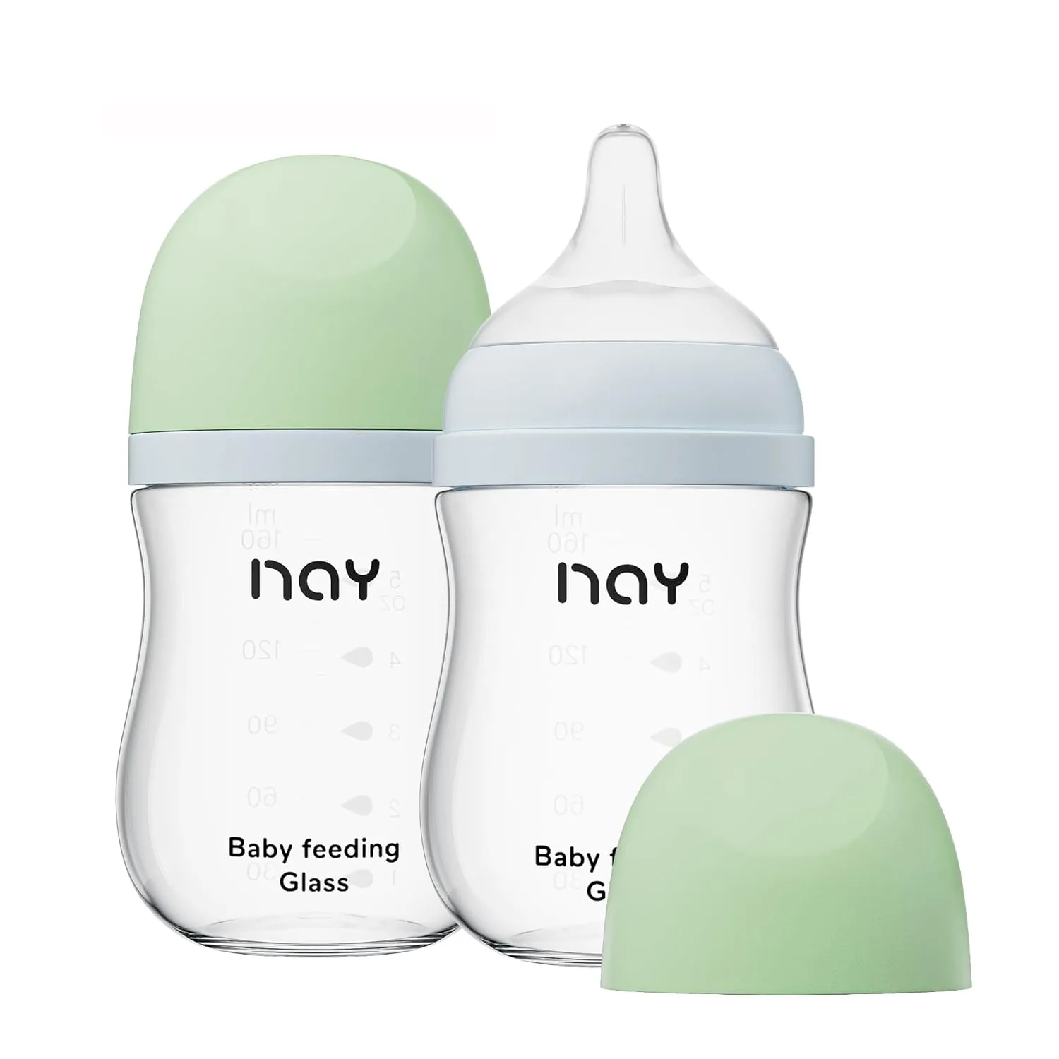 Natural Glass Baby Bottle Wide Neck, Anti-Colic Baby Bottle, Clear, 5.4oz(Pack of 2), Includes 2Pcs Natural Response Nipple(S), 1 Months 