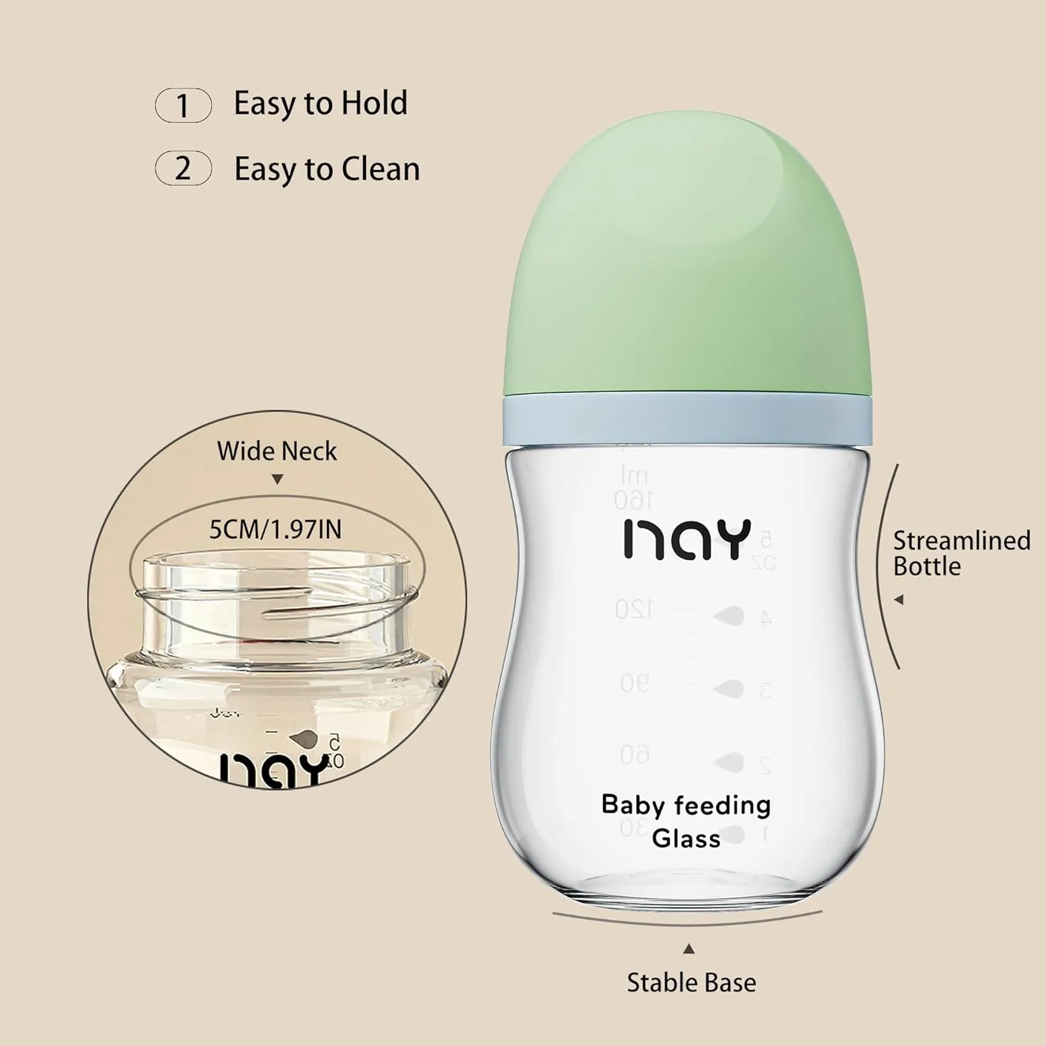 Natural Glass Baby Bottle Wide Neck, Anti-Colic Baby Bottle, Clear, 5.4oz(Pack of 2), Includes 2Pcs Natural Response Nipple(S), 1 Months 