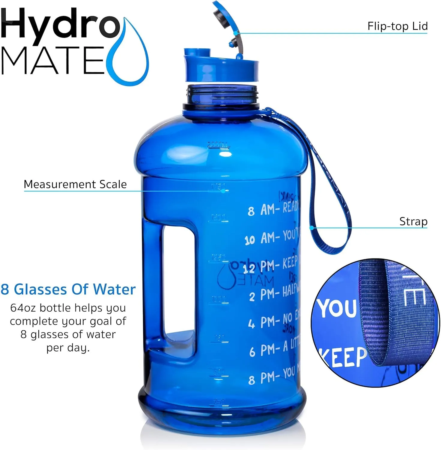 NatureWorks HydroMATE Half Gallon Water Bottle with Times to Drink BPA Free Leak Proof Reusable Jug with Handle 64 oz