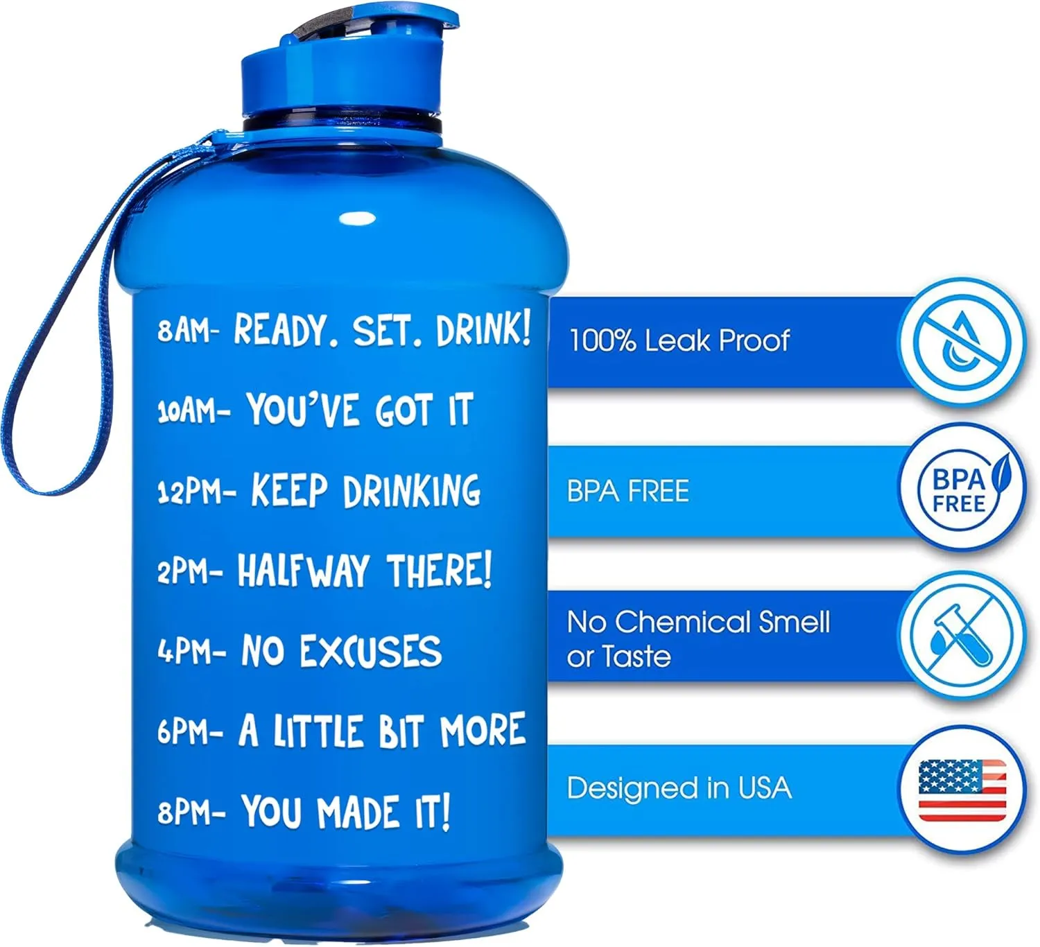 NatureWorks HydroMATE Half Gallon Water Bottle with Times to Drink BPA Free Leak Proof Reusable Jug with Handle 64 oz