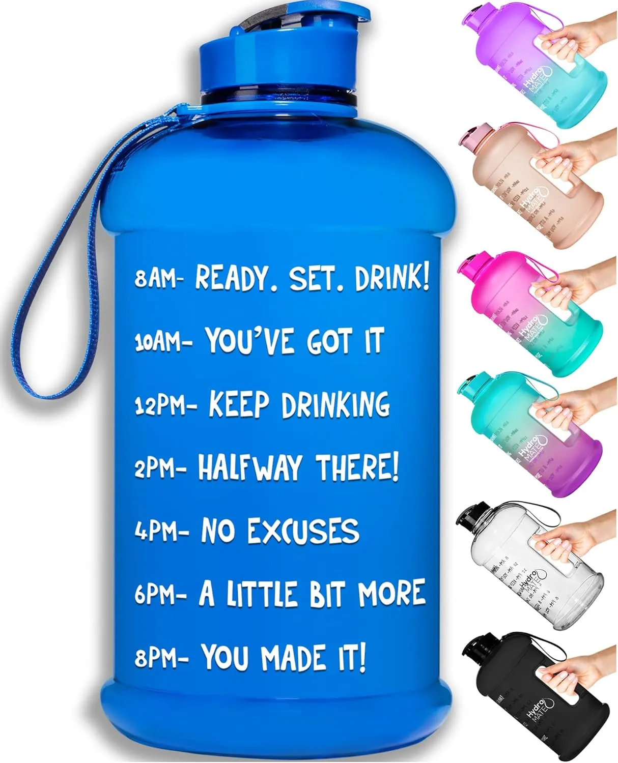 NatureWorks HydroMATE Half Gallon Water Bottle with Times to Drink BPA Free Leak Proof Reusable Jug with Handle 64 oz