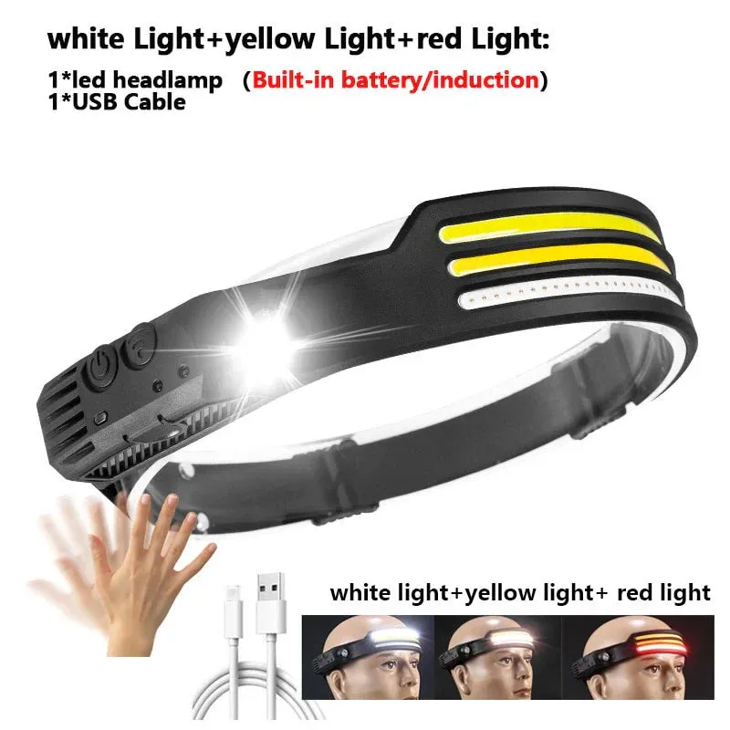 New 200Watts 3 Light Sources COB Flood Headlamp Induction Headlamp 230° Wide angle with 2400mah Battery Headlight