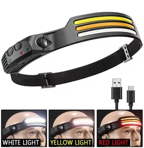 New 200Watts 3 Light Sources COB Flood Headlamp Induction Headlamp 230° Wide angle with 2400mah Battery Headlight