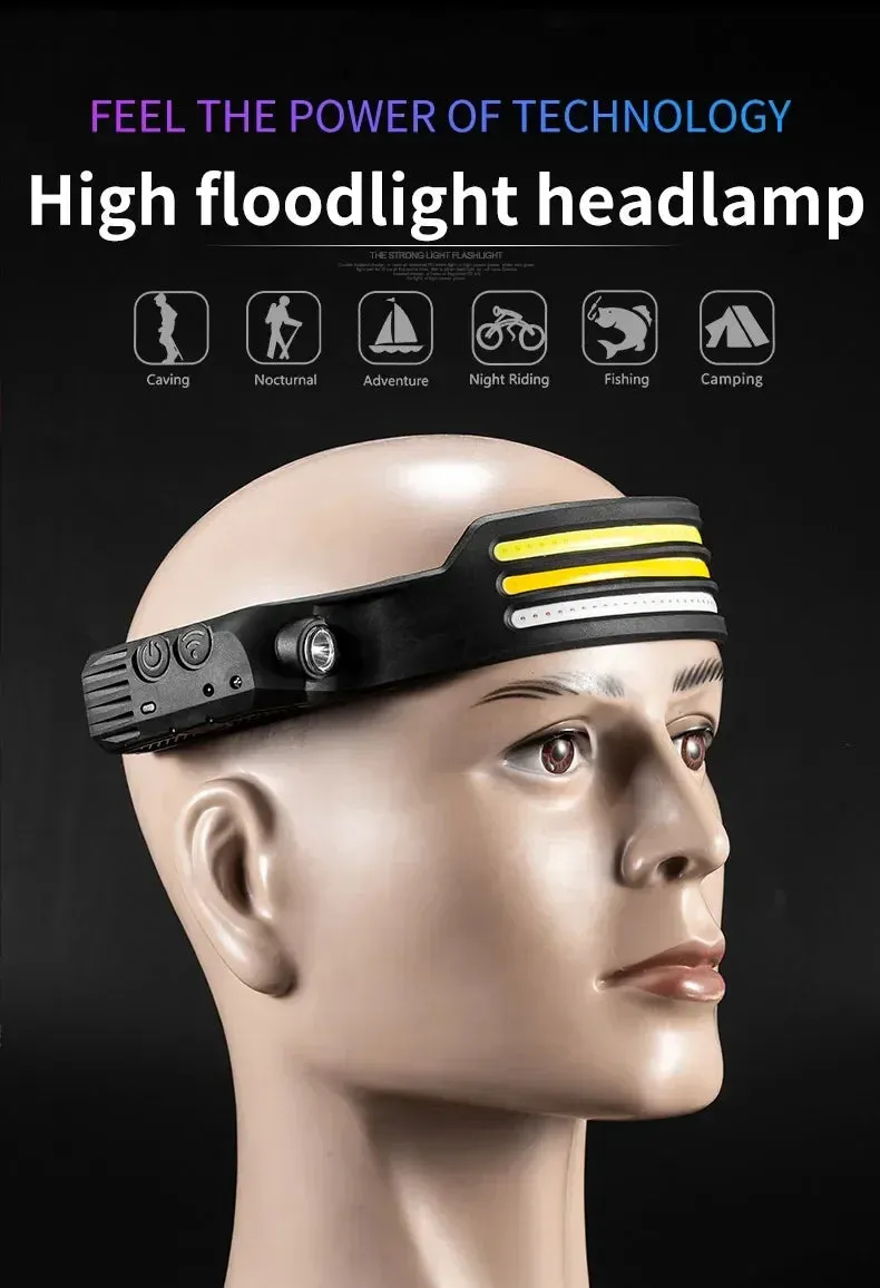 New 200Watts 3 Light Sources COB Flood Headlamp Induction Headlamp 230° Wide angle with 2400mah Battery Headlight