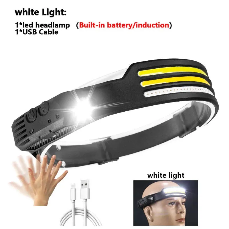 New 60000LM 230° Wide angle Floodlight 3 Strip Lights COB Headlamp Induction Headlamp with Built-in Battery Flashlight Head Torch 4 Lighting Modes Head Light