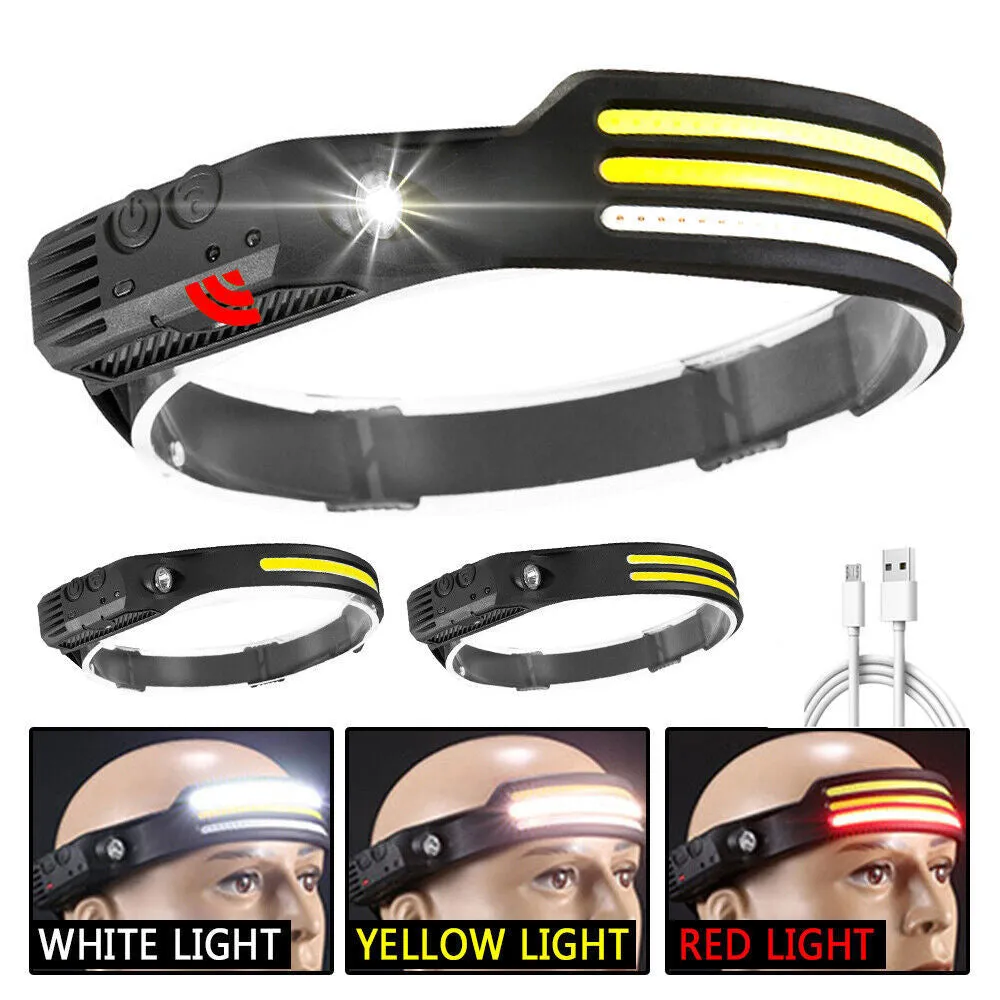 New 60000LM 230° Wide angle Floodlight 3 Strip Lights COB Headlamp Induction Headlamp with Built-in Battery Flashlight Head Torch 4 Lighting Modes Head Light