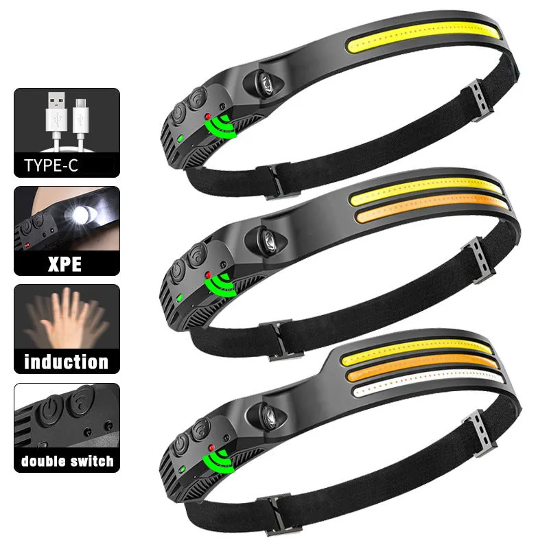 New 60000LM 230° Wide angle Floodlight 3 Strip Lights COB Headlamp Induction Headlamp with Built-in Battery Flashlight Head Torch 4 Lighting Modes Head Light