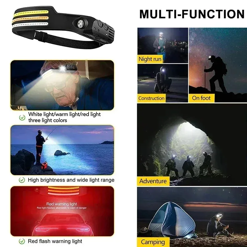 New 60000LM 230° Wide angle Floodlight 3 Strip Lights COB Headlamp Induction Headlamp with Built-in Battery Flashlight Head Torch 4 Lighting Modes Head Light