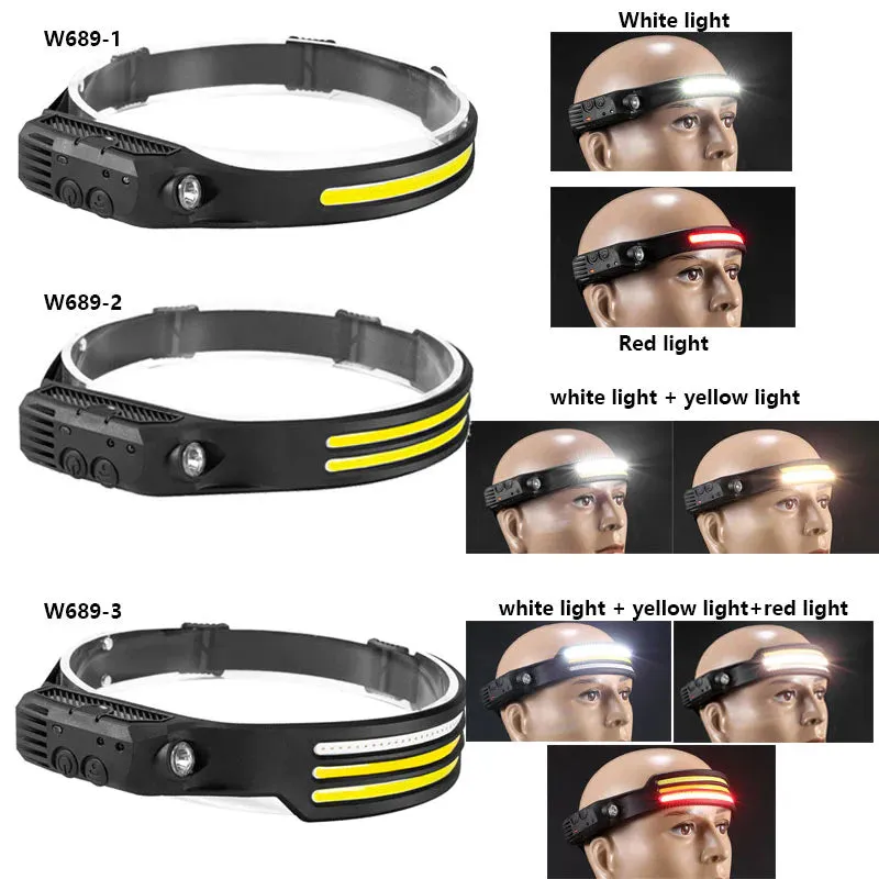 New 60000LM 230° Wide angle Floodlight 3 Strip Lights COB Headlamp Induction Headlamp with Built-in Battery Flashlight Head Torch 4 Lighting Modes Head Light