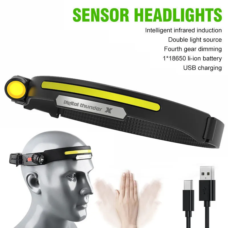 New 60000LM 230° Wide angle Floodlight 3 Strip Lights COB Headlamp Induction Headlamp with Built-in Battery Flashlight Head Torch 4 Lighting Modes Head Light