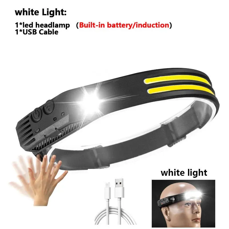 New 60000LM 230° Wide angle Floodlight 3 Strip Lights COB Headlamp Induction Headlamp with Built-in Battery Flashlight Head Torch 4 Lighting Modes Head Light