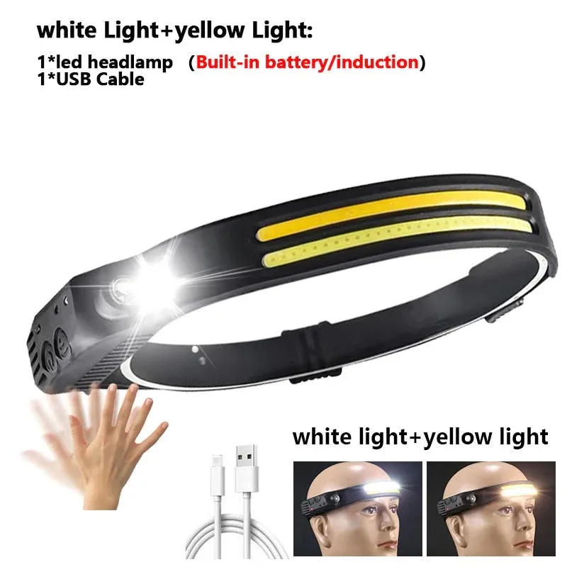 New 60000LM 230° Wide angle Floodlight 3 Strip Lights COB Headlamp Induction Headlamp with Built-in Battery Flashlight Head Torch 4 Lighting Modes Head Light