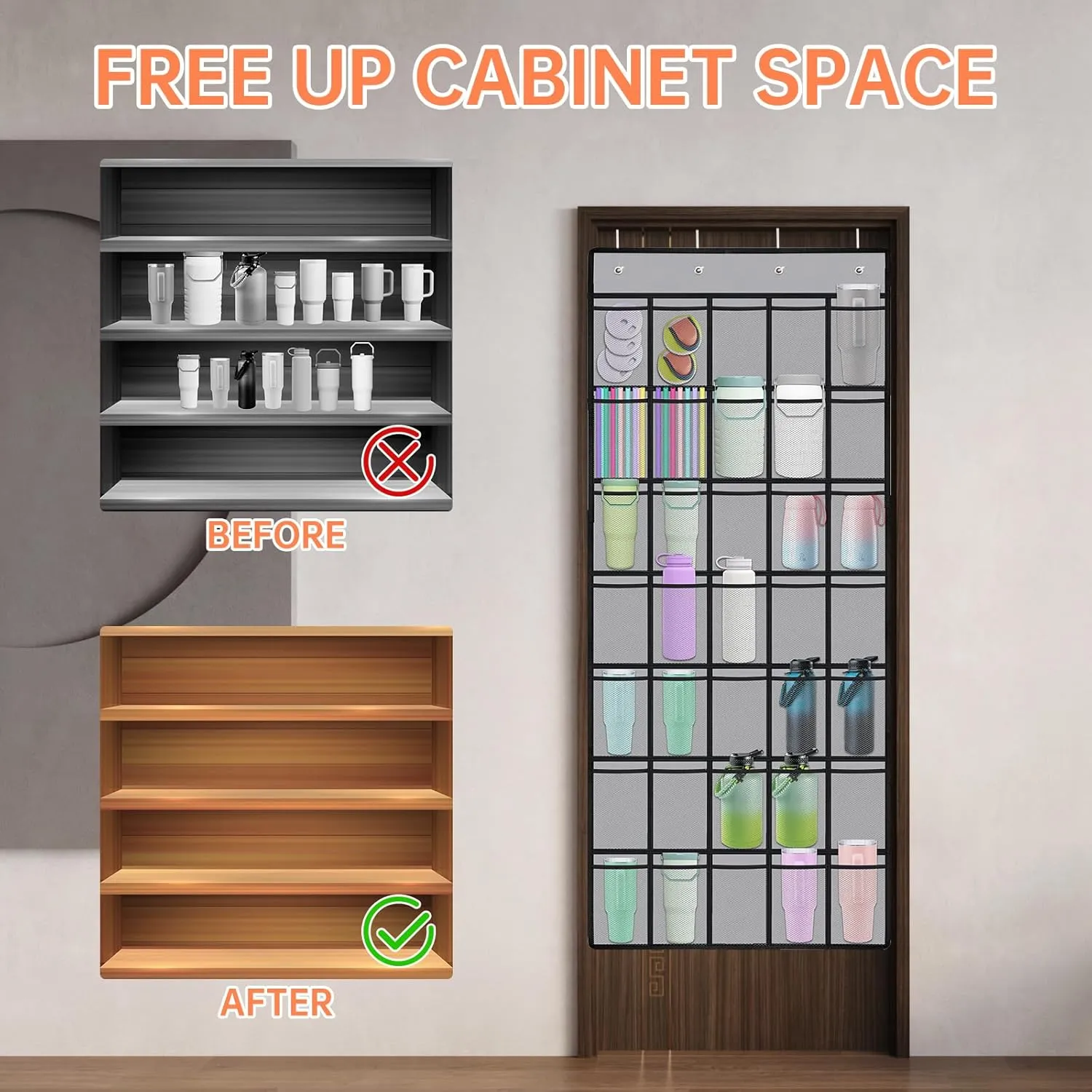 NiHome Multi-Functional 35 Pockets Door Hanging Organizer for Stanley Tumbler in Kitchen, Pantry, Bathroom, Large Capacity Elastic Mesh Secure Storage Water Bottle Cup Holder, Foldable for Home (Gray)