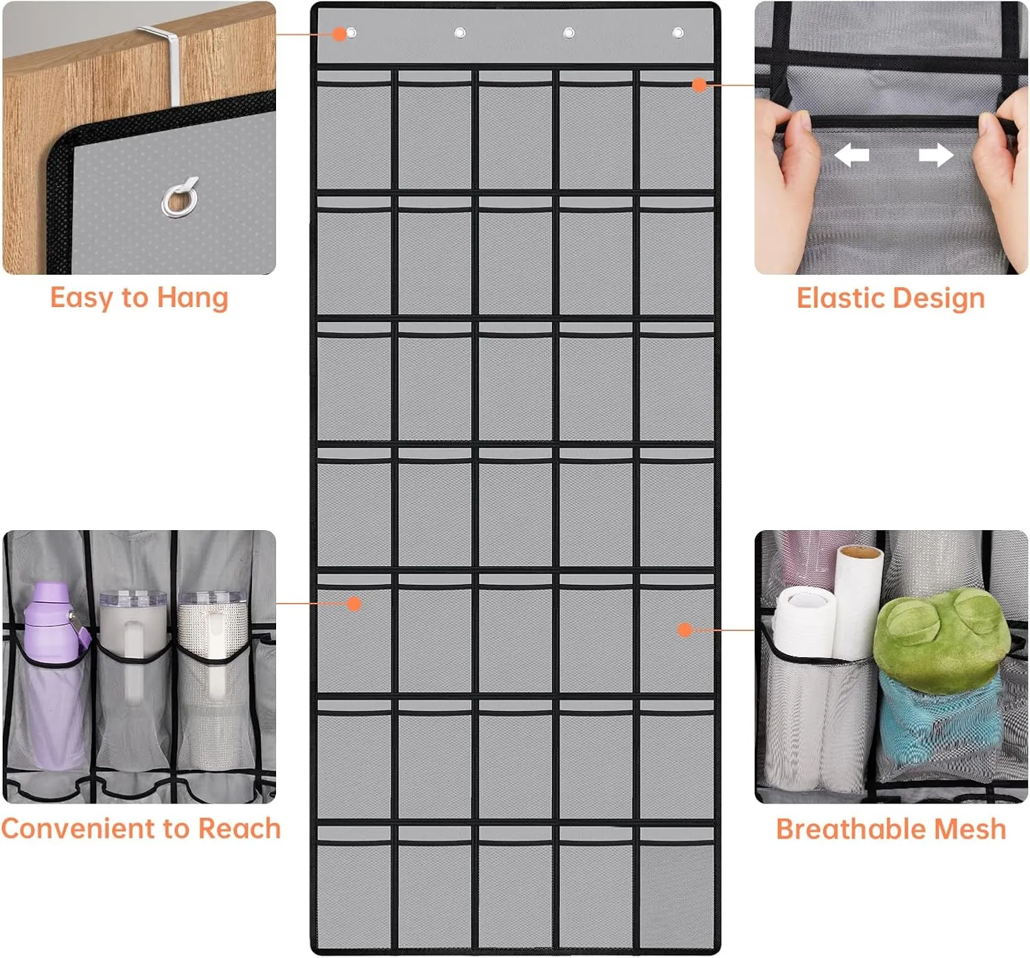 NiHome Multi-Functional 35 Pockets Door Hanging Organizer for Stanley Tumbler in Kitchen, Pantry, Bathroom, Large Capacity Elastic Mesh Secure Storage Water Bottle Cup Holder, Foldable for Home (Gray)