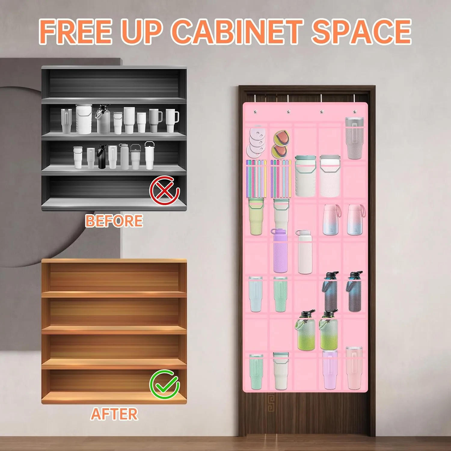 NiHome Multi-Functional 35 Pockets Door Hanging Organizer for Stanley Tumbler in Kitchen, Pantry, Bathroom, Large Capacity Elastic Mesh Secure Storage Water Bottle Cup Holder, Foldable for Home (Pink)