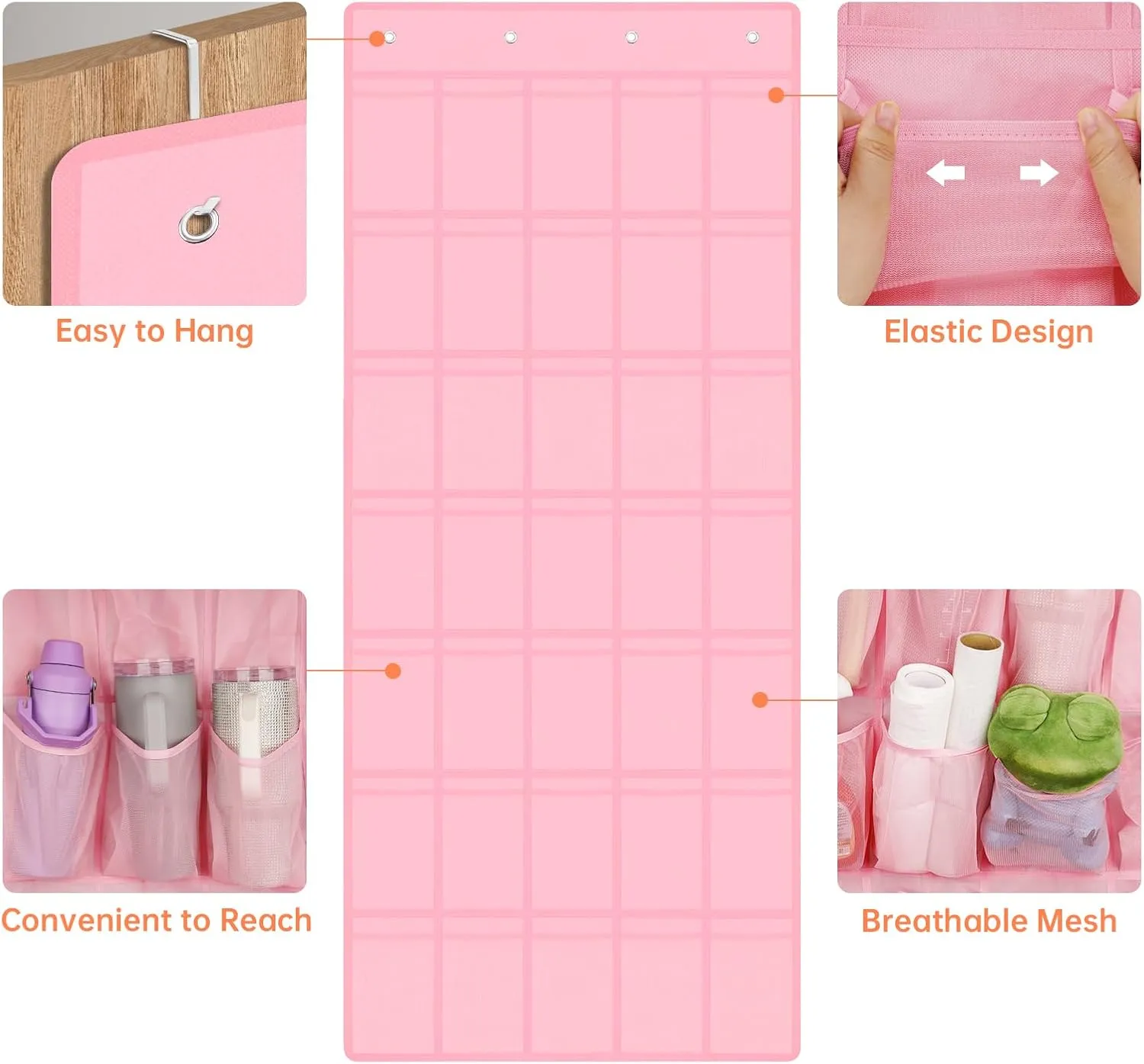 NiHome Multi-Functional 35 Pockets Door Hanging Organizer for Stanley Tumbler in Kitchen, Pantry, Bathroom, Large Capacity Elastic Mesh Secure Storage Water Bottle Cup Holder, Foldable for Home (Pink)