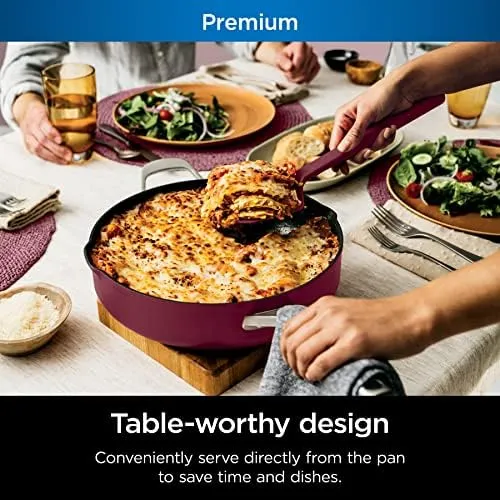 Ninja, Cookware, Steamer, Strainer Basket, Glass Lid and Spatula, Foodi NeverStick PossiblePan, Premium Set with 4-Quart Capacity Pan, Nonstick, Durable, Oven Safe Cookware, Cherry Tart, CW102RD
