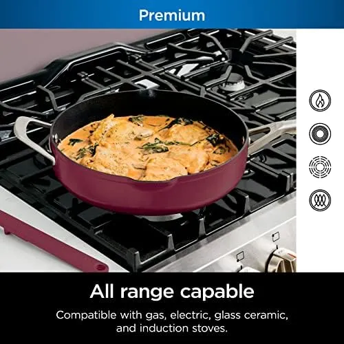 Ninja, Cookware, Steamer, Strainer Basket, Glass Lid and Spatula, Foodi NeverStick PossiblePan, Premium Set with 4-Quart Capacity Pan, Nonstick, Durable, Oven Safe Cookware, Cherry Tart, CW102RD