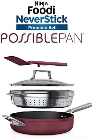 Ninja, Cookware, Steamer, Strainer Basket, Glass Lid and Spatula, Foodi NeverStick PossiblePan, Premium Set with 4-Quart Capacity Pan, Nonstick, Durable, Oven Safe Cookware, Cherry Tart, CW102RD