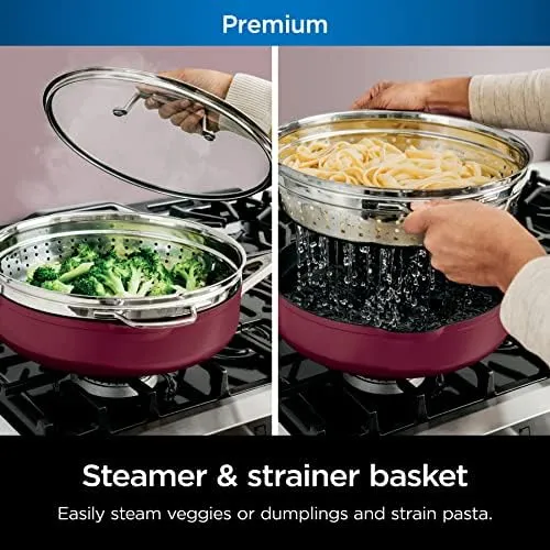Ninja, Cookware, Steamer, Strainer Basket, Glass Lid and Spatula, Foodi NeverStick PossiblePan, Premium Set with 4-Quart Capacity Pan, Nonstick, Durable, Oven Safe Cookware, Cherry Tart, CW102RD